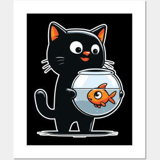 Cat Staring Down at Fish in Fishbowl Graphic Posters and Art